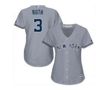 Women Majestic New York Yankees #3 Babe Ruth Authentic Grey Road MLB Jersey