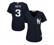 Women Majestic New York Yankees #3 Babe Ruth Authentic Navy Blue Alternate MLB Jersey