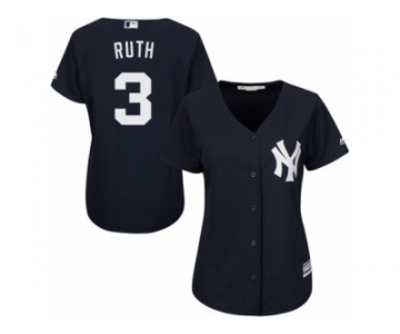 Women Majestic New York Yankees #3 Babe Ruth Authentic Navy Blue Alternate MLB Jersey