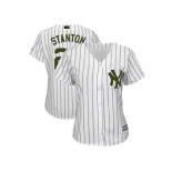 Women New York Yankees #27 Giancarlo Stanton White Strip 2018 Memorial Day Cool Base Stitched MLB Jersey