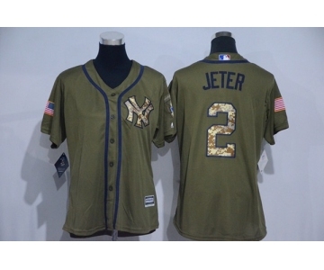 Women's New York Yankees #2 Derek Jeter Authentic Green Salute to Service MLB Jersey