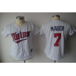 MLB Women Jerseys Minnesota Twins #7 Mauer White[blue strip]