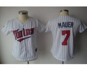 MLB Women Jerseys Minnesota Twins #7 Mauer White[blue strip]