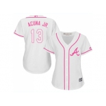 Women Atlanta Braves #13 Ronald Acuna Jr. White Pink Fashion Stitched MLB Jersey