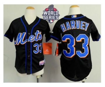 Youth New York Mets #33 Matt Harvey Black Cool Base W 2015 World Series Patch Stitched MLB Jersey