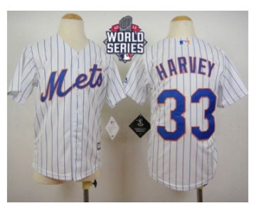 Youth New York Mets #33 Matt Harvey White(Blue Strip) Home Cool Base W 2015 World Series Patch Stitched MLB Jersey