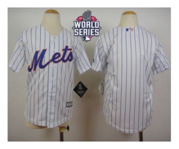 Youth New York Mets Blank White(Blue Strip) Home Cool Base W 2015 World Series Patch Stitched MLB Jersey