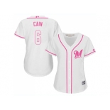 Women Milwaukee Brewers #6 Lorenzo Cain White Pink Fashion Stitched MLB Jersey