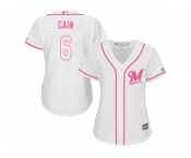 Women Milwaukee Brewers #6 Lorenzo Cain White Pink Fashion Stitched MLB Jersey