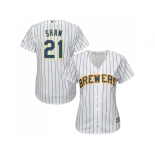 Women's Milwaukee Brewers #21 Travis Shaw White Strip Home Stitched MLB Jersey