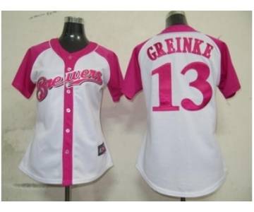 women mlb milwaukee brewers #13 greinke white pink[2012]