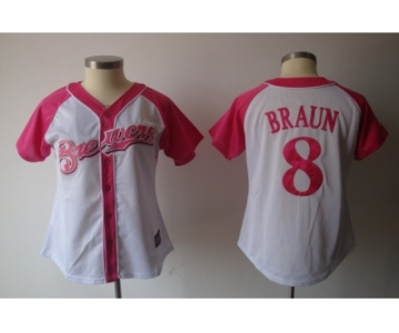 women mlb milwaukee brewers #8 braun white pink[2012]