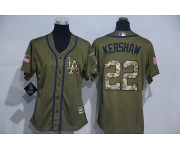 Women Los Angeles Dodgers #22 Clayton Kershaw Authentic Green Salute to Service MLB Jersey