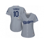 Women Majestic Los Angeles Dodgers #10 Justin Turner Replica Grey Road 2017 World Series Bound Cool Base MLB Jersey