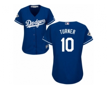 Women Majestic Los Angeles Dodgers #10 Justin Turner Replica Royal Blue Alternate 2017 World Series Bound Cool Base MLB Jersey