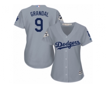 Women Majestic Los Angeles Dodgers #9 Yasmani Grandal Replica Grey Road 2017 World Series Bound Cool Base MLB Jersey