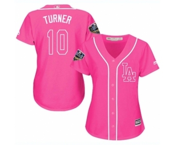 Women's Majestic Los Angeles Dodgers #10 Justin Turner Authentic Pink Fashion Cool Base 2018 World Series MLB Jersey