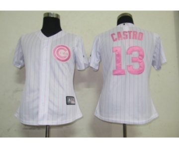 MLB Women Jerseys Chicago Cubs #13 Castro White[pink strip]