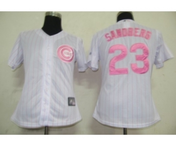 MLB Women Jerseys Chicago Cubs #23 Sandberg White[Pink strip]