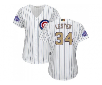 Women's Chicago Cubs #34 Jon Lester White(Blue Strip) 2017 Gold Program Cool Base Stitched MLB Jersey