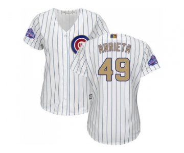 Women's Chicago Cubs #49 Jake Arrieta White(Blue Strip) 2017 Gold Program Cool Base Stitched MLB Jersey