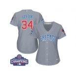 Women's Majestic Chicago Cubs #34 Jon Lester Authentic Grey Road 2016 World Series Champions Cool Base MLB Jersey