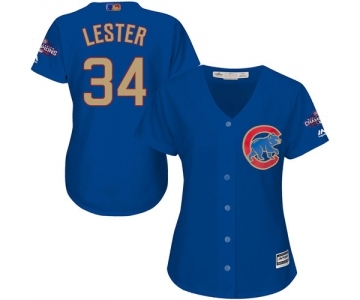 Women's Majestic Chicago Cubs #34 Jon Lester Authentic Royal Blue 2017 Gold Champion MLB Jersey