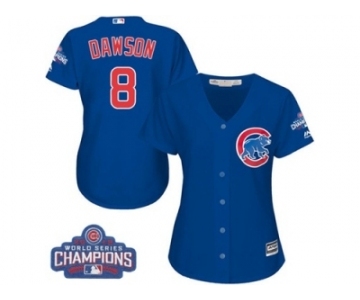 Women's Majestic Chicago Cubs #8 Andre Dawson Authentic Royal Blue Alternate 2016 World Series Champions Cool Base MLB Jersey