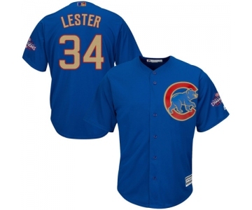 Youth Majestic Chicago Cubs #34 Jon Lester Authentic Royal Blue 2017 Gold Champion Cool Base MLB Jersey