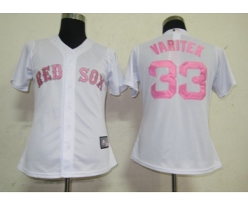 women mlb jerseys boston red sox #33 varitek white[pink number]