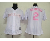 MLB Women Jerseys Colorado Rockies #2 Tulowitzki White[Pink strip]