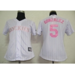 MLB Women Jerseys Colorado Rockies #5 Gonzalez White[Pink strip]