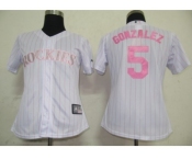 MLB Women Jerseys Colorado Rockies #5 Gonzalez White[Pink strip]