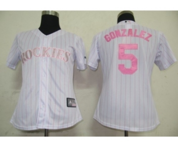 MLB Women Jerseys Colorado Rockies #5 Gonzalez White[Pink strip]