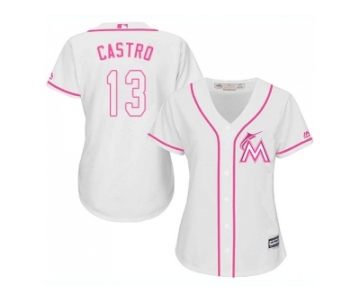 Women Miami Marlins #13 Starlin Castro White Pink Fashion Stitched MLB Jersey