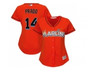 Women Miami Marlins #14 Martin Prado Orange Alternate Stitched MLB Jersey