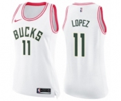 Women's Nike Milwaukee Bucks #11 Brook Lopez Swingman White Pink Fashion NBA Jersey