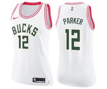 Women's Nike Milwaukee Bucks #12 Jabari Parker Swingman White Pink Fashion NBA Jersey