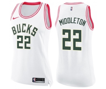 Women's Nike Milwaukee Bucks #22 Khris Middleton Swingman White Pink Fashion NBA Jersey