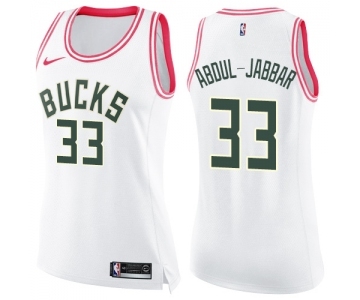 Women's Nike Milwaukee Bucks #33 Kareem Abdul-Jabbar Swingman White Pink Fashion NBA Jersey