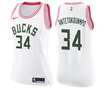 Women's Nike Milwaukee Bucks #34 Giannis Antetokounmpo Swingman White Pink Fashion NBA Jersey