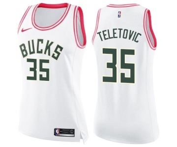 Women's Nike Milwaukee Bucks #35 Mirza Teletovic Swingman White Pink Fashion NBA Jersey