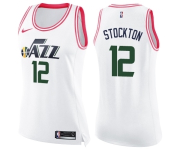 Women's Nike Utah Jazz #12 John Stockton Swingman White Pink Fashion NBA Jersey