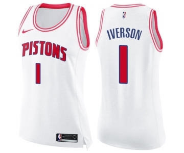 Women's Nike Detroit Pistons #1 Allen Iverson Swingman White Pink Fashion NBA Jersey