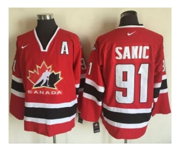 Team CA. #91 Joe Sakic Red Black 2002 Olympic Nike Throwback Stitched NHL Jersey