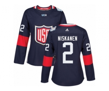 Women's Adidas Team USA #2 Matt Niskanen Premier Navy Blue Away 2016 World Cup Hockey Jersey