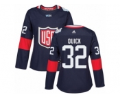 Women's Adidas Team USA #32 Jonathan Quick Premier Navy Blue Away 2016 World Cup Hockey Jersey