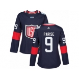 Women's Adidas Team USA #9 Zach Parise Premier Navy Blue Away 2016 World Cup Hockey Jersey