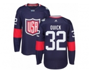 Youth Adidas Team USA #32 Jonathan Quick Authentic Navy Blue Away 2016 World Cup Ice Hockey Jersey