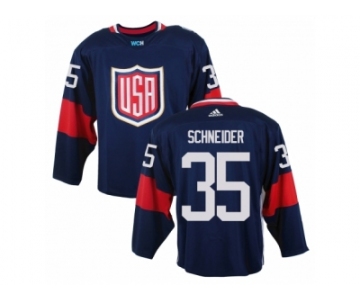 Youth Adidas Team USA #35 Cory Schneider Authentic Navy Blue Away 2016 World Cup Ice Hockey Jersey